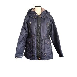 Celsius Premium Down Blend Quilted Parka Navy Faux Leather Trim Jacket M